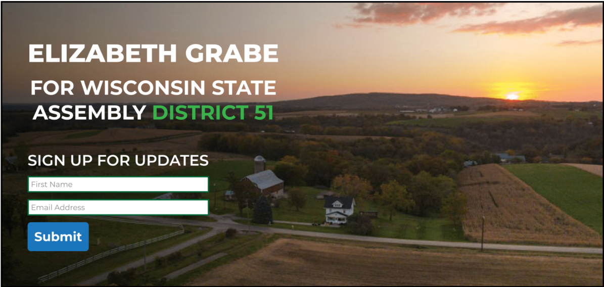 'Elizabeth Grabe for District 51 Assembly''Sign up for updates' in bold font over a sunset view of Elizabeth's farm.