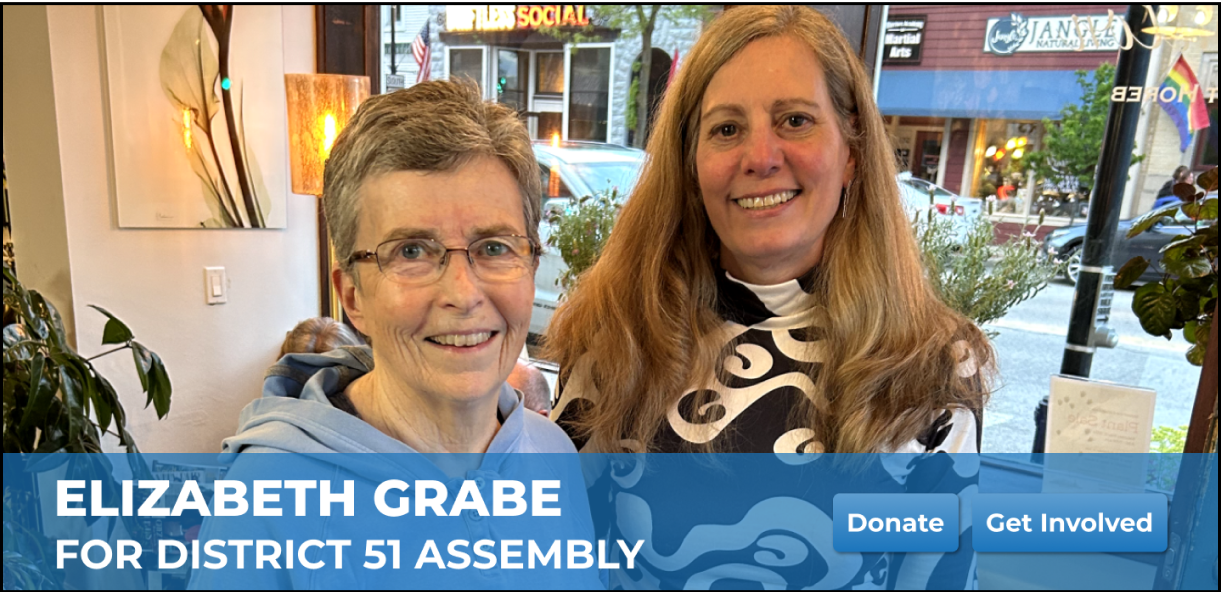 A photo of ELizabeth smiling with a constituent with a blue banner across the bottom reading 'Elizabeth Grabe for District 51 Assembly'