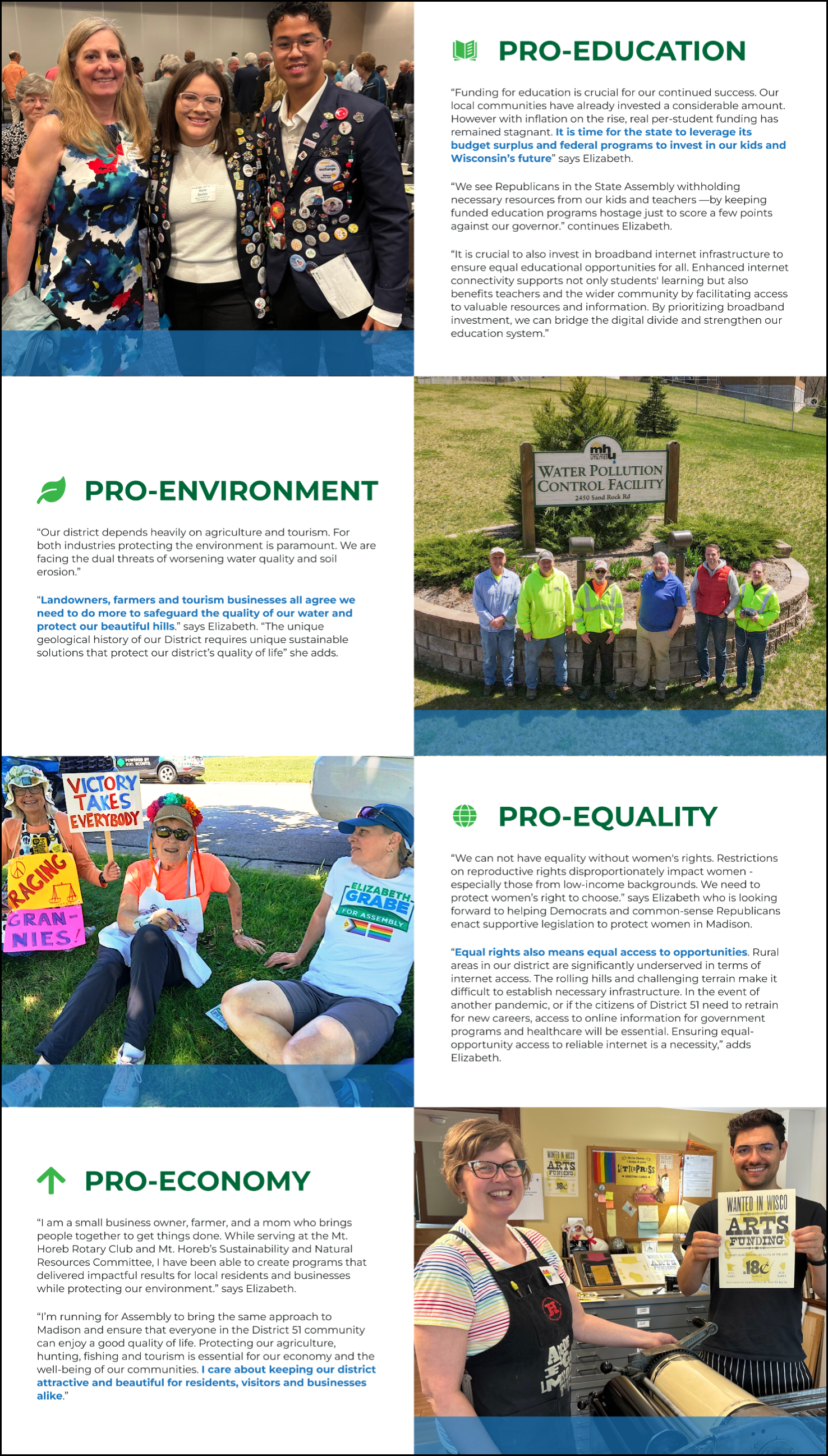 Elizabeth's priorities laid out vertically, with photos matching each topic.